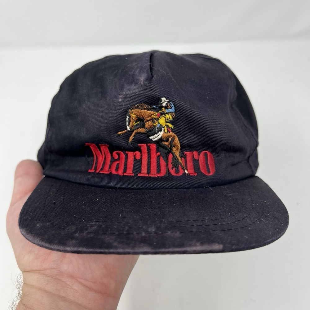 Vintage Marlboro Snapback Hat Cap Black 90s Cigarettes Promo Western Cowboy Logo